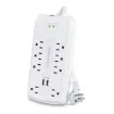 CYBERPOWER - CSP806U - 8-Outlet Surge Protector with 3200 Joules, 6FT Cord, 2-USB Ports 2.4A, EMI/RFI filtering, white, and $320,000K CEG