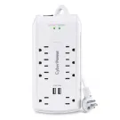CYBERPOWER - CSP806U - 8-Outlet Surge Protector with 3200 Joules, 6FT Cord, 2-USB Ports 2.4A, EMI/RFI filtering, white, and $320,000K CEG