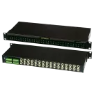 SECO-LARM - EVT-AH16-VT2Q - 1U 16-Channel Active Balun Hub. Allows up to 16 CCTV cameras to be connected via inexpensive Cat5e/6 UTP cable. Rack mount or stackable. 16 Video inputs (terminal block). 32 Video outputs (2 per channel). Dual voltage: 12/
