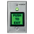 SECO-LARM - SD-7623-GSTQ - Illuminated green 2" square RTE plate with dual-color LED (red or green) and timer (1~180 sec). "PUSH TO EXIT" message can be replaced with included "PRESIONE PARA SALIR" message. NO/NC contact rated 5A@125VAC. 12~24 VDC. E