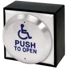 SECO-LARM - SD-7983-SSHQ - Large 4.5” Round Push Plate with Stainless steel button with the International Symbol of Access and “PUSH TO OPEN”. Includes surface-mount plastic back box for easy RF (wireless upgrade).