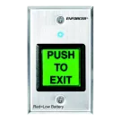 SECO-LARM - SD-8202GT-PEQ - Illuminated green 2" square "PUSH TO EXIT" button with built-in RF transmitter. Use with SECO-LARM 315MHz receivers. 9VDC Battery (included) operation with LED to indicate low battery. Stainless-steel single-gang plate.