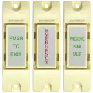 SECO-LARM - SS-075C-PEQ - NO/NC Momentary Surface-Mount Switch. Includes labels: "EMERGENCY", "PUSH TO EXIT," and "PRESIONE PARA SALIR". Contact rated 0.5A@12VDC. Sold in multiples of 10 (price is for 1 pc).