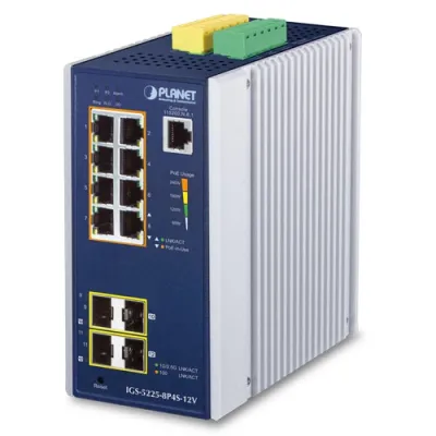 Planet - IGS-5225-8P4S-12V - Industrial L2+ 8-Port 10/100/1000T 802.3at PoE + 2-Port 100/1G SFP + 2-Port 100/1G/2.5G SFP Managed Ethernet Switch w/ 12V Booster