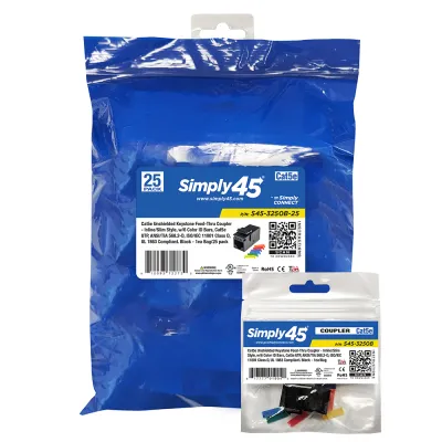 Simply 45 - S45-3250B-25 - Cat5E UTP Black Keystone Feed-Thru Coupler - w/6-Color Snap-On ID Bars Included. 1ea/Bag, 25/Pack
