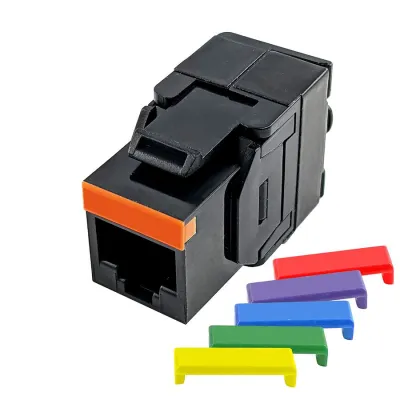 Simply 45 - S45-3500B - Cat5e UTP 180° Black Keystone Jack, Toolless, Dust Cover, w/6-Color Snap-On ID Bars Included. 1ea/bag