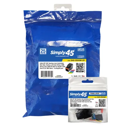 Simply 45 - S45-3500B-25 - Cat5e UTP 180° Black Keystone Jack, Toolless, Dust Cover, w/6-Color Snap-On ID Bars Included. 1ea/Bag, 25/Pack