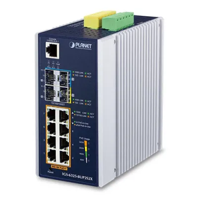 Planet - IGS-6325-8UP2S2X - Industrial L3 8-Port 10/100/1000T 802.3bt PoE + 2-Port 1G/2.5G SFP + 2-Port 10G SFP+ Managed Ethernet Switch
