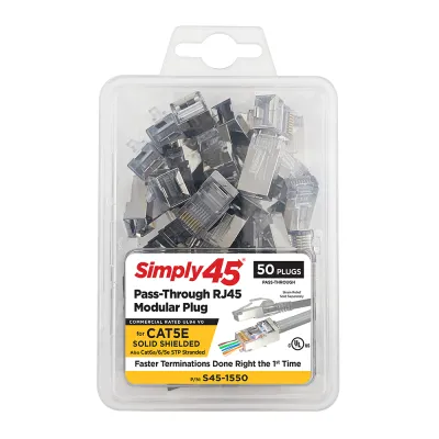 Simply 45 - S45-1550 - Pass Through Shielded - Cat5e STP (internal ground) - 50pc Clamshell