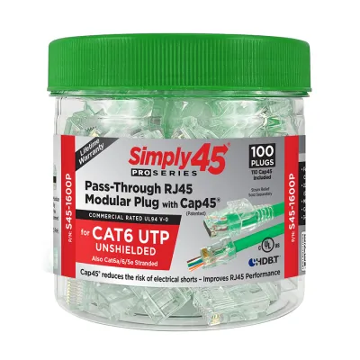 Simply 45 - S45-1600P - PROSeries Pass Through Green Tint - Cat6 UTP with Cap45 - 100pc Jar