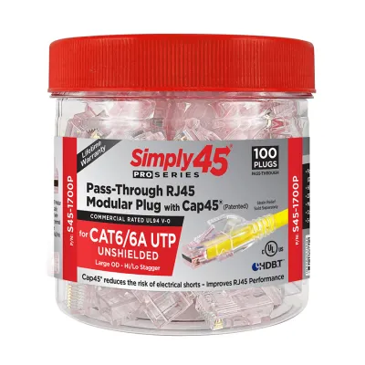 Simply 45 - S45-1700P - PROSeries Pass Through Red Tint, Hi/Lo Stagger - Cat6/6a UTP with Cap45 - 100pc Jar