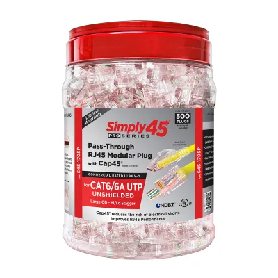 Simply 45 - S45-1705P - PROSeries Pass Through Red Tint, Hi/Lo Stagger - Cat6/6a UTP with Cap45 - 500pc Jar