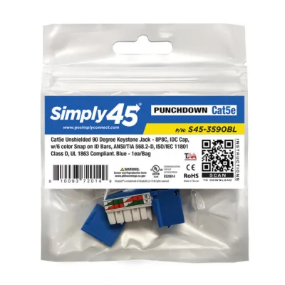 Simply 45 - S45-3590BL - Cat5e UTP 90° Blue Keystone 110 Style, Dust Cover, IDC Cap, UL Listed - w/6-Color Snap-On ID Bars Included. 1ea/bag