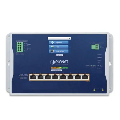 Planet - WGS-5225-8UP2SV - Industrial L2+ 8-Port 10/100/1000T 802.3bt PoE + 2-Port 1G/2.5G SFP Wall-mount Managed Switch with LCD Touch Screen