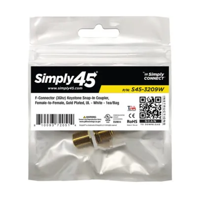 Simply 45 - S45-3209W - F-Connector (3Ghz) Keystone Snap-In Inserts, Female-to-Female, Gold Plated, UL - 1EA/BAG
