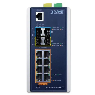 Planet - IGS-5225-8P2S2X - Industrial L3 8-Port 10/100/1000T 802.3at PoE + 2-Port 1G/2.5G SFP + 2-Port 10G SFP+ Managed Ethernet Switch