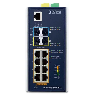 Planet - IGS-6325-8UP2S2X - Industrial L3 8-Port 10/100/1000T 802.3bt PoE + 2-Port 1G/2.5G SFP + 2-Port 10G SFP+ Managed Ethernet Switch