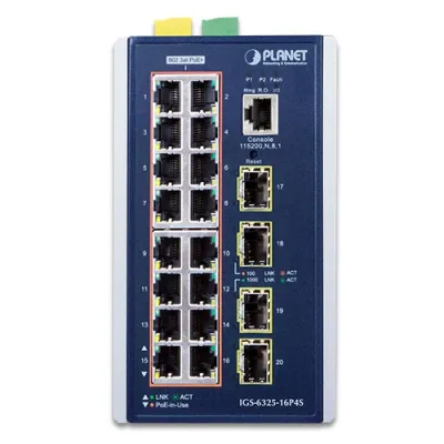 Planet - IGS-6325-16P4S - L3 Industrial 16-Port 10/100/1000T 802.3at PoE + 4-Port 100/1000X SFP Managed Ethernet Switch