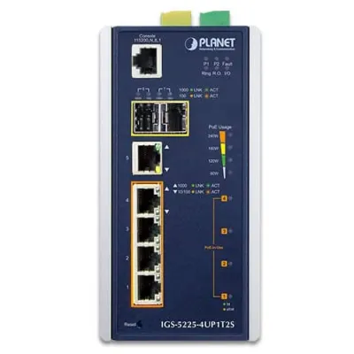 Planet - IGS-5225-4UP1T2S - Industrial L2+ 4-Port 10/100/1000T 802.3bt PoE + 1-Port 10/100/1000T + 2-Port 100/1000X SFP Managed Switch