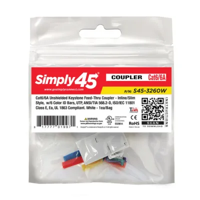 Simply 45 - S45-3260W - Cat6 UTP White Keystone Feed-Thru Coupler - w/6-Color Snap-On ID Bars Included. 1ea/bag