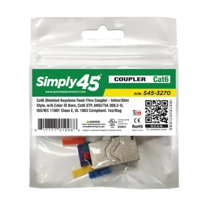 Simply 45 - S45-3270 - Cat6 STP Keystone Feed-Thru Coupler - w/6-Color Snap-On ID Bars Included. 1ea/bag