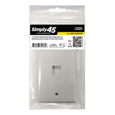 Simply 45 - S45-3201W - 1 Port White Keystone Wall Plate, Standard, Single Gang, UL - 1EA/BAG