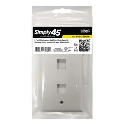 Simply 45 - S45-3202W - 2 Port White Keystone Wall Plate, Standard, Single Gang, UL - 1EA/BAG