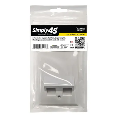 Simply 45 - S45-3202AW - 2 Angled Port White Keystone Wall Plate, Standard, Single Gang, UL - 1EA/BAG