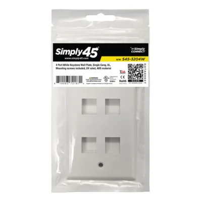 Simply 45 - S45-3204W - 4 Port White Keystone Wall Plate, Standard, Single Gang, UL - 1EA/BAG