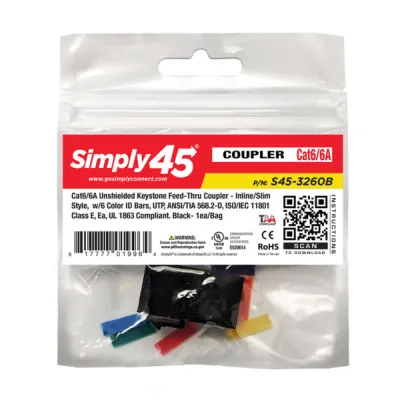 Simply 45 - S45-3260B-25 - Cat6 UTP Black Keystone Feed-Thru Coupler - w/6-Color Snap-On ID Bars Included. 1ea/Bag, 25/Pack