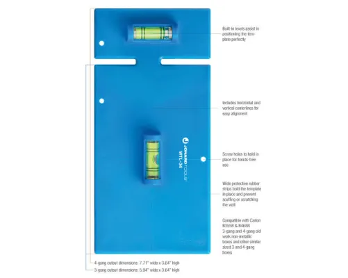 Jonard - WTL-34 - Wall Box Template & Level for Old Work 3&4 Gang Electrical Box.