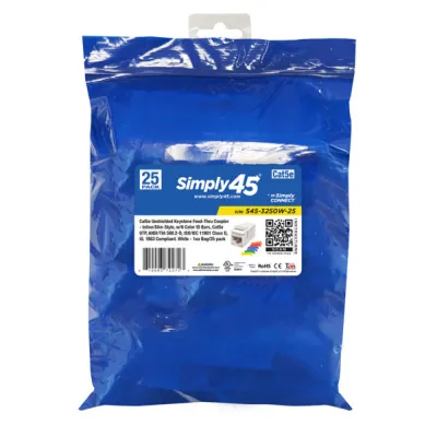 Simply 45 - S45-3250W-25 - Cat5E UTP White Keystone Feed-Thru Coupler - w/6-Color Snap-On ID Bars Included. 1ea/Bag, 25/Pack