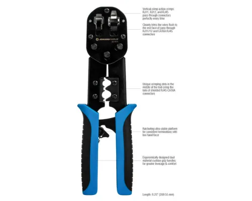 Jonard - UC-4511 - RJ45 & RJ11/12 Modular Pass-through Crimper with Tail Crimping Slots