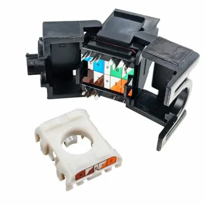 Simply 45 - S45-3500B - Cat5e UTP 180° Black Keystone Jack, Toolless, Dust Cover, w/6-Color Snap-On ID Bars Included. 1ea/bag