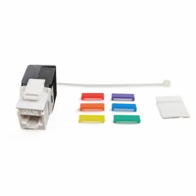 Simply 45 - S45-3500W - Cat5e UTP 180° White Keystone Jack, Toolless, Dust Cover, w/6-Color Snap-On ID Bars Included. 1ea/bag