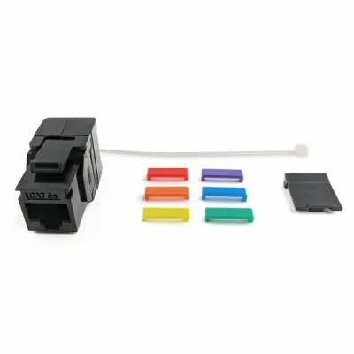 Simply 45 - S45-3500B - Cat5e UTP 180° Black Keystone Jack, Toolless, Dust Cover, w/6-Color Snap-On ID Bars Included. 1ea/bag