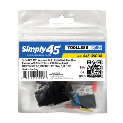 Simply 45 - S45-3500B - Cat5e UTP 180° Black Keystone Jack, Toolless, Dust Cover, w/6-Color Snap-On ID Bars Included. 1ea/bag