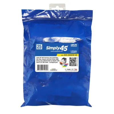 Simply 45 - S45-3500W-25 - Cat5e UTP 180° White Keystone Jack, Toolless, Dust Cover, w/6-Color Snap-On ID Bars Included. 1ea/Bag, 25/Pack