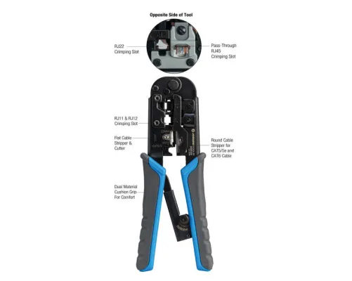 Jonard - UC-4569 - 6-In-1 RJ45, RJ11/12 Modular Pass Through Crimping Tool For Cat3, Cat5/5e, And Cat6 Cables