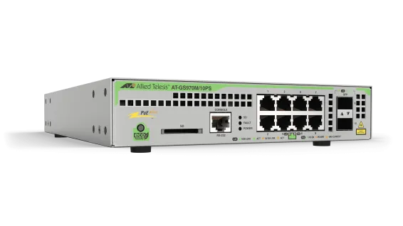 Hanwha - AT-GS970M/10PS-R-10 - AT 8 x Gigabit Ethernet managed  switch, 2 x SFP Uplink  PoE+ 124W total PoE budget
