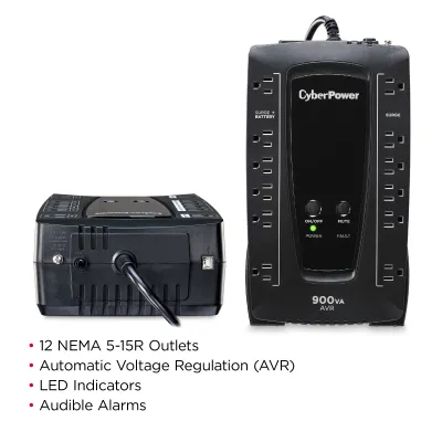 CYBERPOWER - AVRG900U - 900VA/480W, Simulated Sine Wave, NEMA 5-15P, 5 ft cord, 12 (6 surge, 6 surge + battery backup), PowerPanel Personal Edition software, 3 year warranty