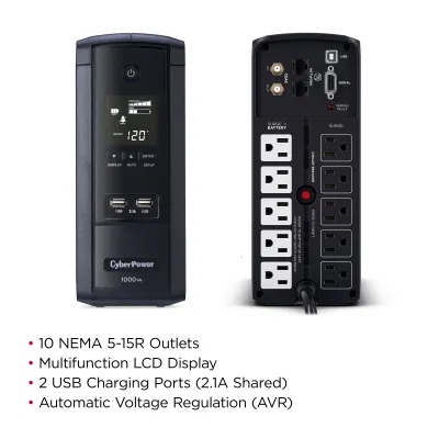 Cyber Power - BRG1000AVRLCD - UPS SYSTEMS Intelligent LCD, 1000VA/600W Line Interactive UPS, Mini-tower, 10 Outlets