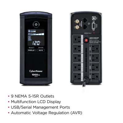 Cyber Power - CP1000AVRLCD - 1000VA/600W Line-Interactive Ups AVR LCD 9 Outlets 3 Year Warranty 1080 Joules