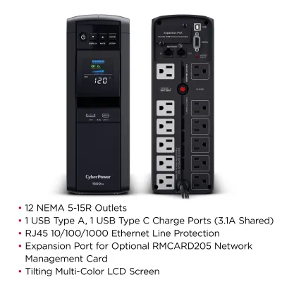 Cyber Power - CP1500PFCLCD - UPS SYSTEMS 1500VA/1000W, PFC Sine Wave Mini-tower
