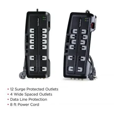 Cyber Power - CSHT1208TNC2 - 3150 J, 125 V, Nema 5-15P 45 Degree Off-Set Plug, 12 Nema 5-15R, 8 Ft Cord, Limited Lifetime Warranty