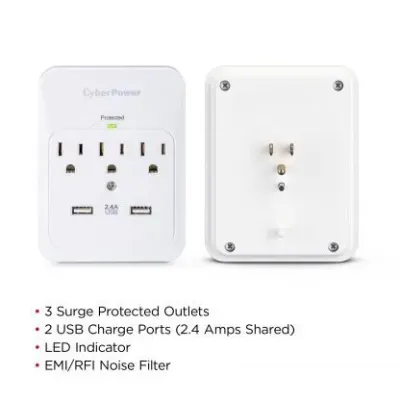 Cyber Power - CSP300WUR1 - 600 J, 125 V, Nema 5-15P Plug, 3 Nema 5-15R, 2 (2.1a Shared) USB Ports, 1 Year Limited Warranty