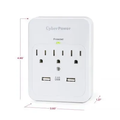 Cyber Power - CSP300WUR1 - 600 J, 125 V, Nema 5-15P Plug, 3 Nema 5-15R, 2 (2.1a Shared) USB Ports, 1 Year Limited Warranty
