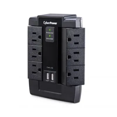 Cyber Power - CSP600WSU - 1200 J, 125 V, NEMA 5-15P plug, 6 NEMA 5-15R, 2 (2.4A shared) USB ports, 1 Year Limited Warranty