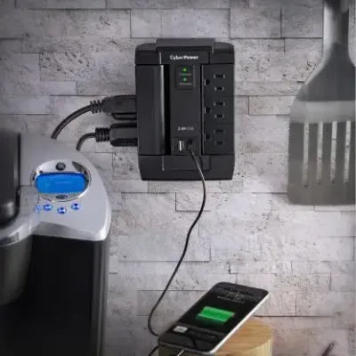 Cyber Power - CSP600WSU - 1200 J, 125 V, NEMA 5-15P plug, 6 NEMA 5-15R, 2 (2.4A shared) USB ports, 1 Year Limited Warranty