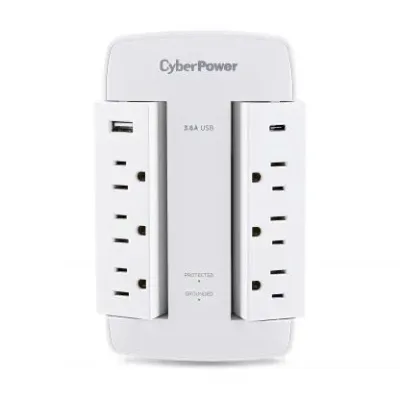 CYBERPOWER - CSP600WSURC5 - 6-Outlet Swivel Surge Protector with 2 USB 3.6A Type A & C, 900 Joules, Wall Tap, EMI/RFI filtering, White, $75,000 CEG